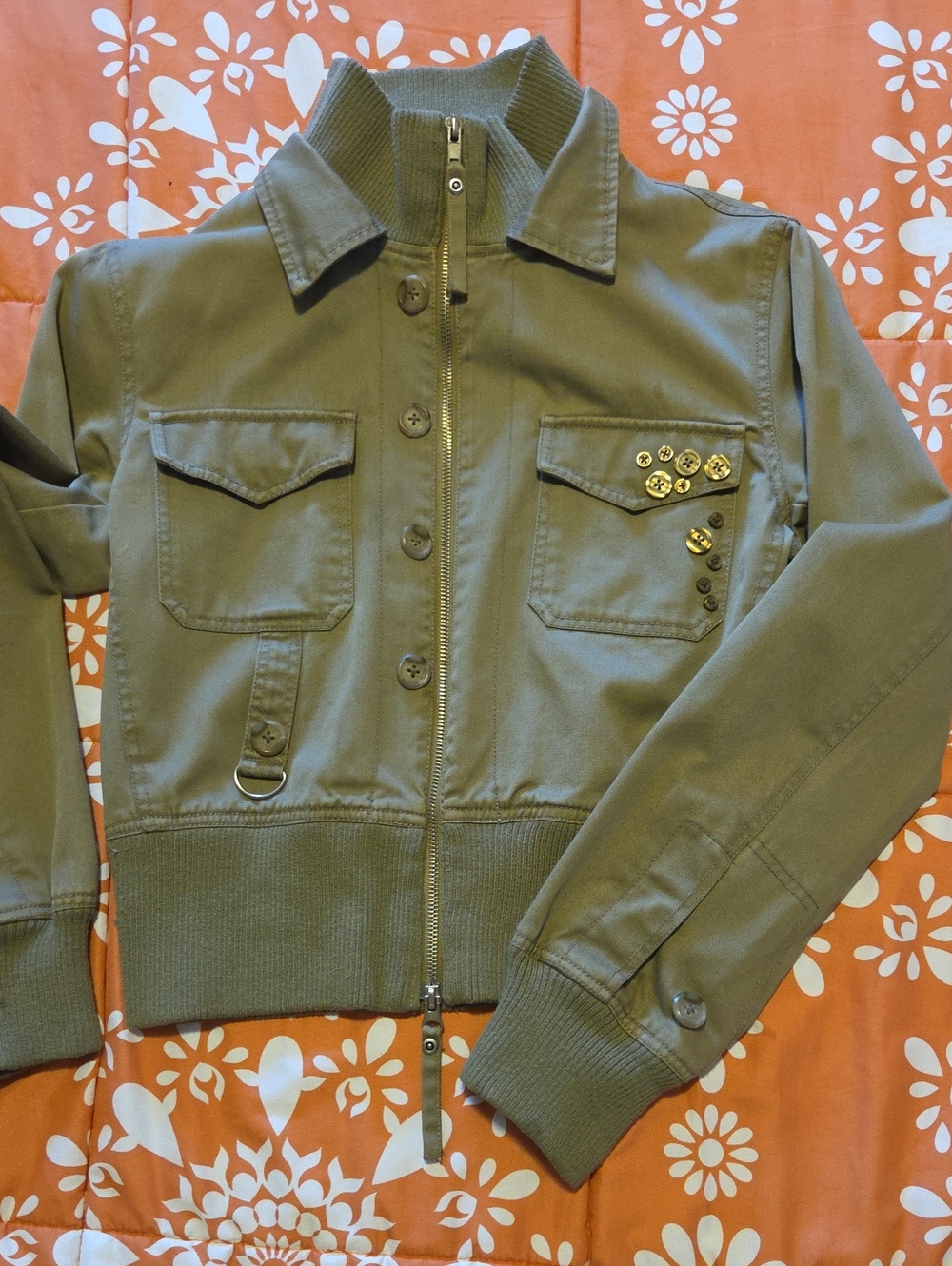 Olive Utility Bomber Jacket with Button Embellishments.       *